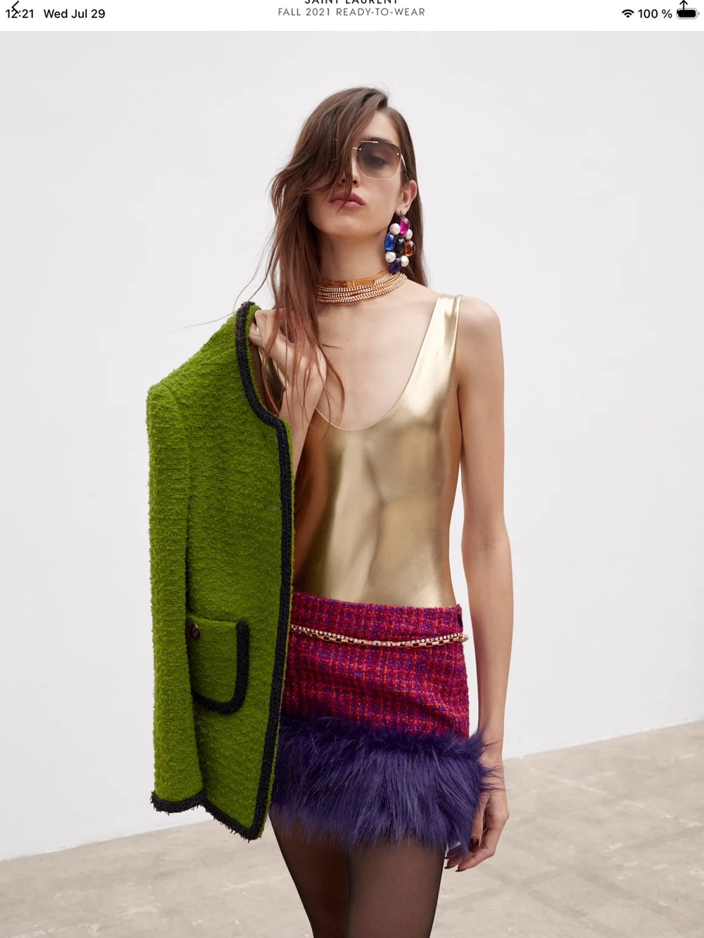Saint Laurent Lime Green Bouclé Tweed Jacket with Black Trim and Gold Buttons